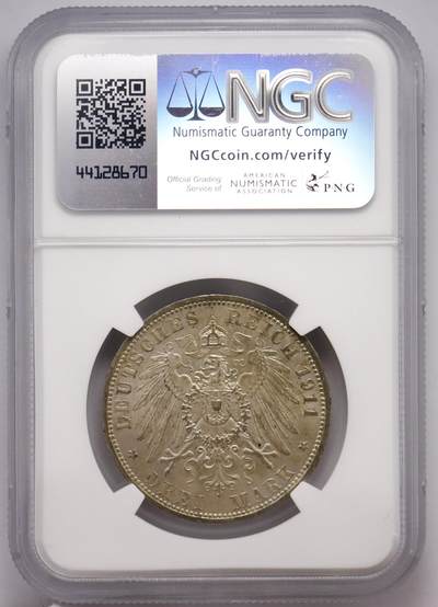 观钱近现代机制币拍卖No.003  普鲁士 1911 年威廉二世 3 马克银币 NGC MS63