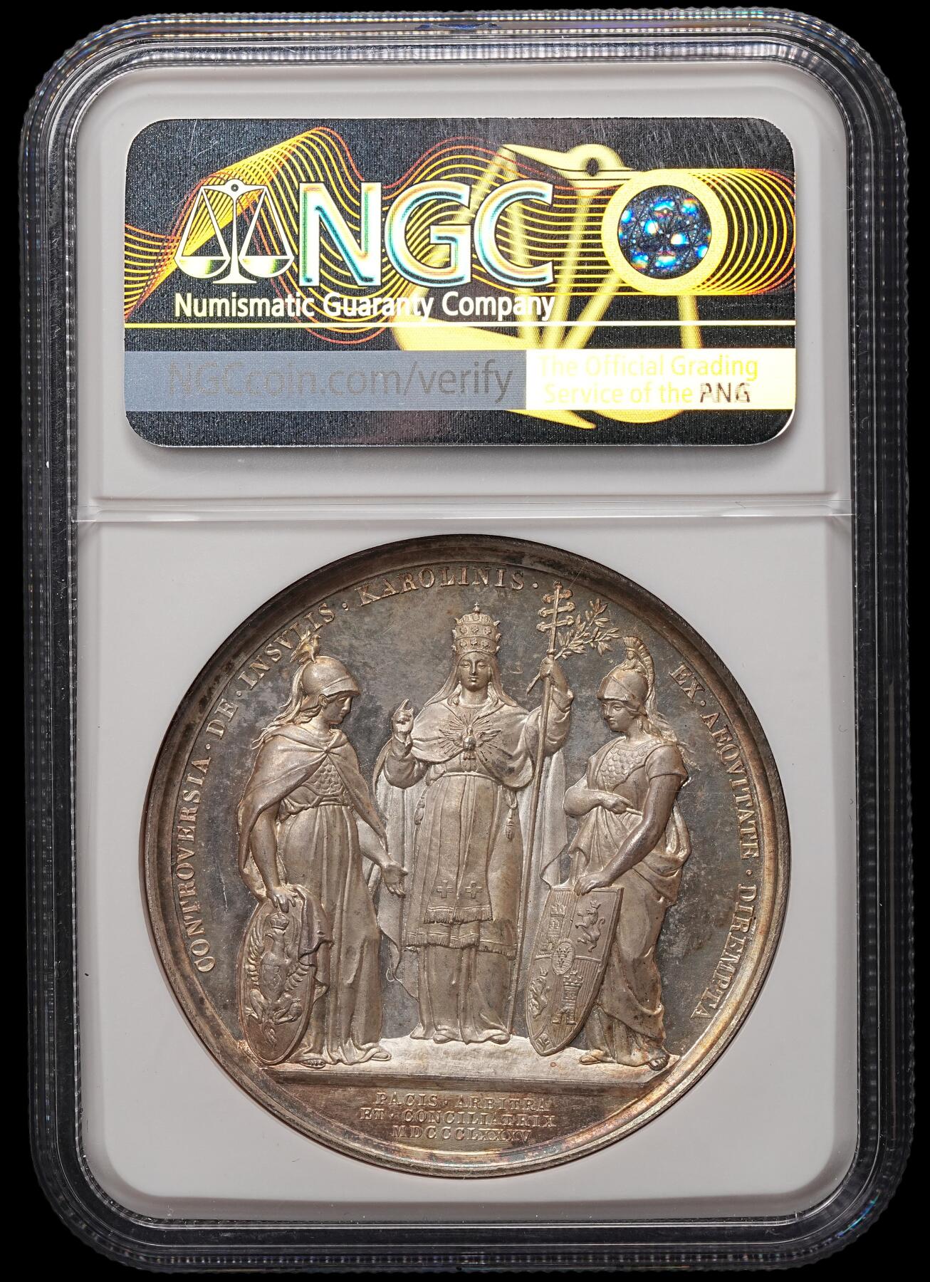 修遠堂世界钱币第106期，请看参拍说明 NGC MS63  1885年教宗利奥十三世成功调解西班牙与德国加罗林群岛争端纪念高浮雕大银章