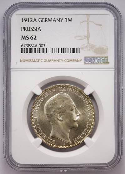 观钱近现代机制币拍卖No.003  - 普鲁士 1912 年威廉二世 3 马克银币 NGC MS62