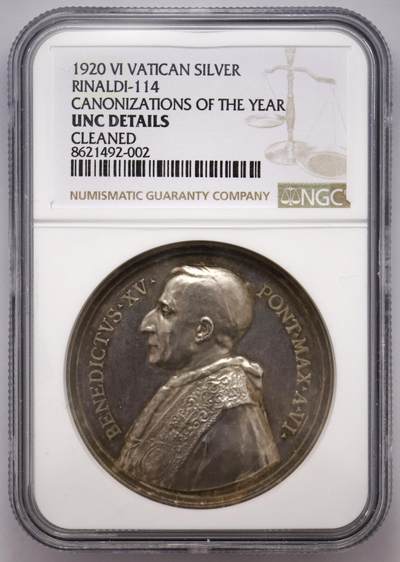 观钱近现代机制币拍卖No.003  - 梵蒂冈 1920 年教皇本笃十五世 “封圣年” 银质纪念章 NGC UNC92