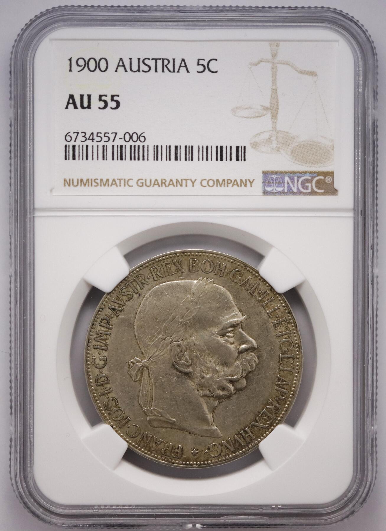 观钱近现代机制币拍卖No.003  奥匈帝国 1900 年弗朗茨・约瑟夫一世 5 克朗银币 NGC AU55