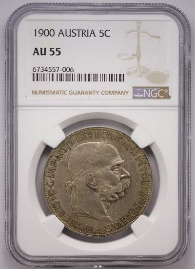 观钱近现代机制币拍卖No.003  - 奥匈帝国 1900 年弗朗茨・约瑟夫一世 5 克朗银币 NGC AU55