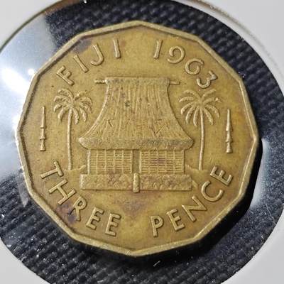 KK钱币收藏小铺   第402期 2月预留时间 周末发货 -  1963斐济3便士铜币