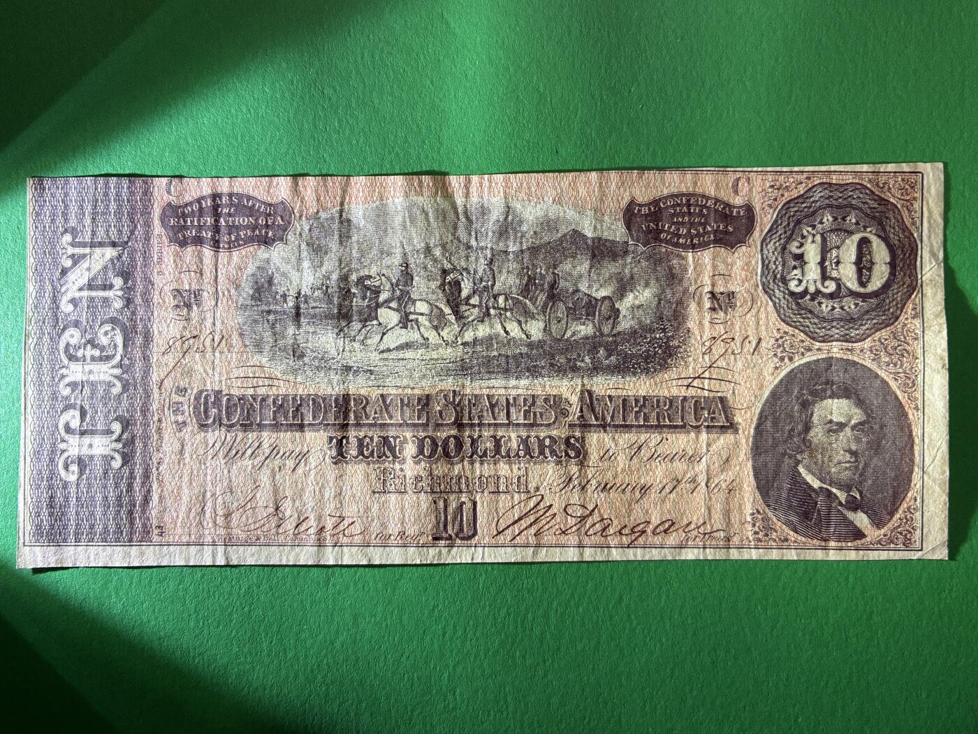 咖啡豆•收藏 2026年Mar_13th世界各国纸币拍卖 美国同盟政府 19世纪 10美元 品相如图 外国纸币