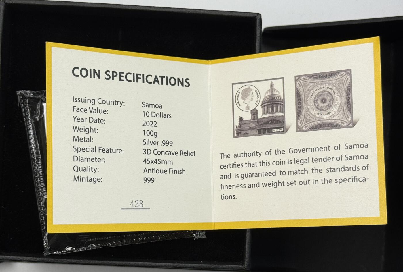 S&S Numismatic世界钱币-拍卖 第121期  萨摩亚2022年 圣伊萨大教堂（俄罗斯）10元3D阴雕仿古方形银币 100克999银  发行量：999枚 盒证齐全