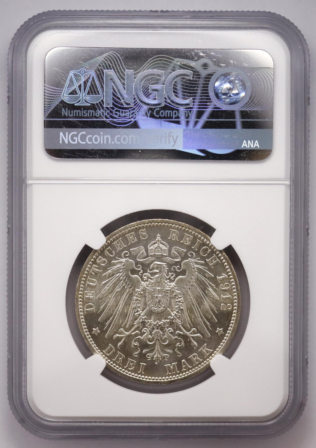 观钱近现代机制币拍卖No.003  普鲁士 1912 年威廉二世 3 马克银币 NGC MS62