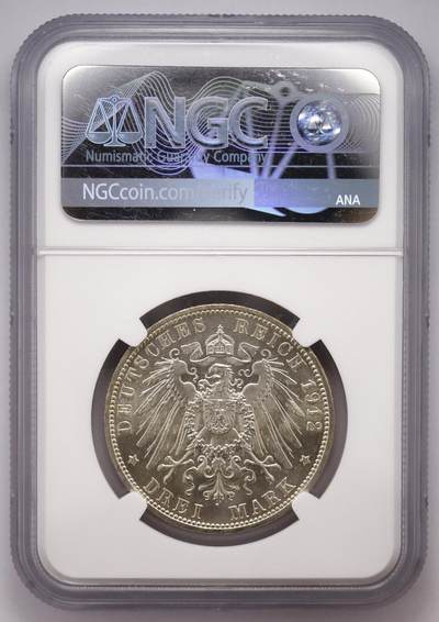 观钱近现代机制币拍卖No.003  普鲁士 1912 年威廉二世 3 马克银币 NGC MS62
