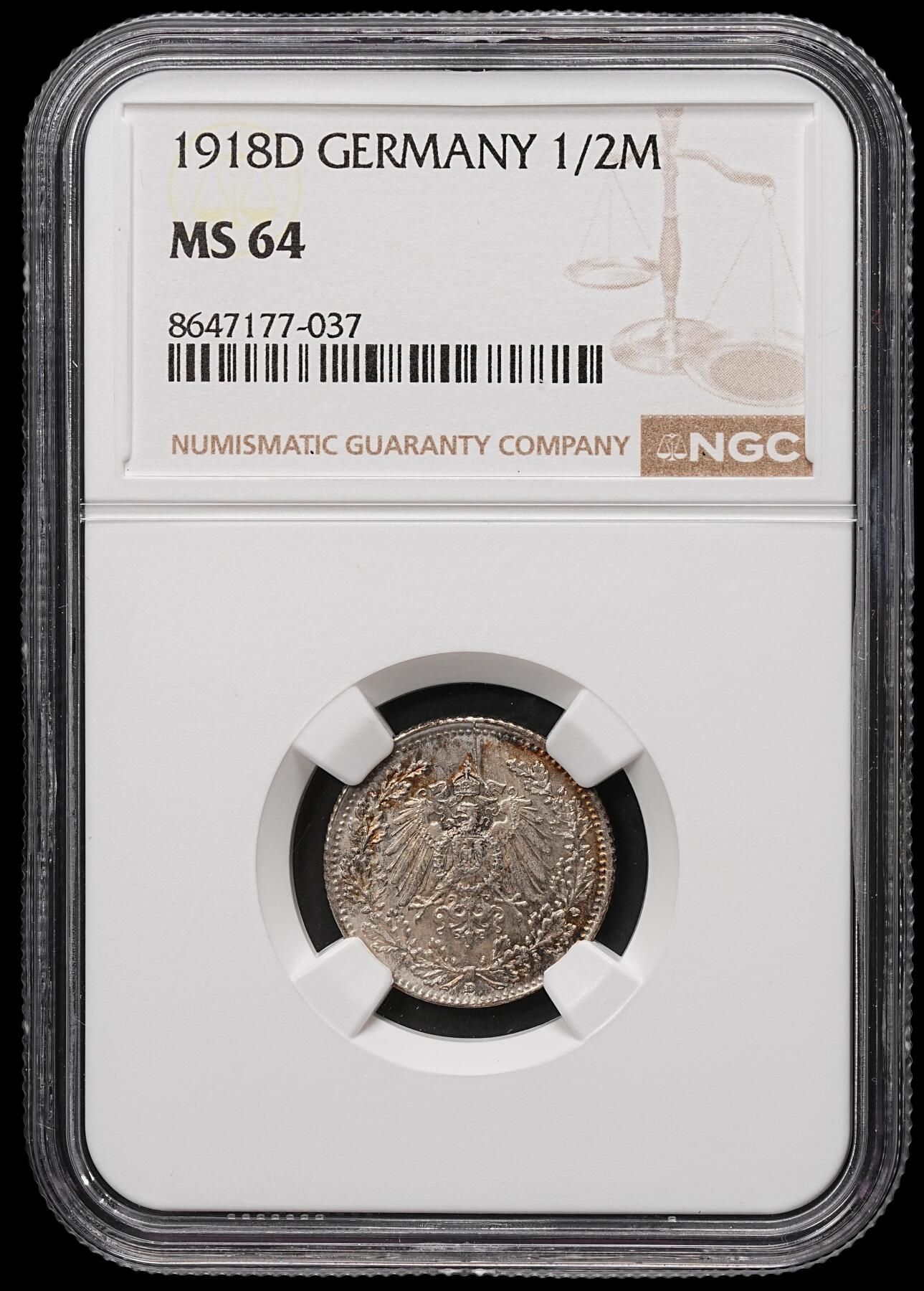 修遠堂世界钱币第106期，请看参拍说明 NGC MS64 1918年德国1/2马克银币 D厂铭