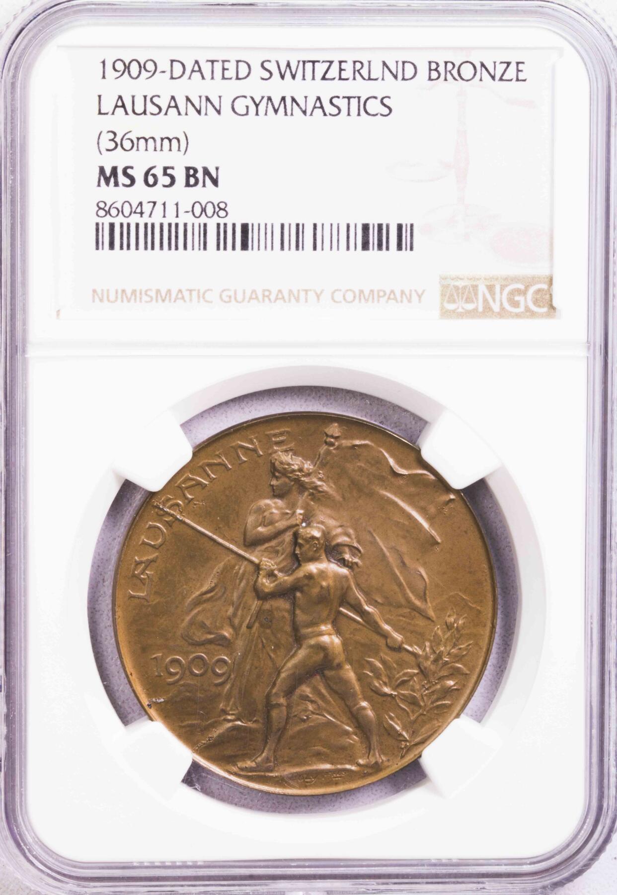 NGC-MS62/MS65BN 1909瑞士洛桑拿旗银章铜章一对