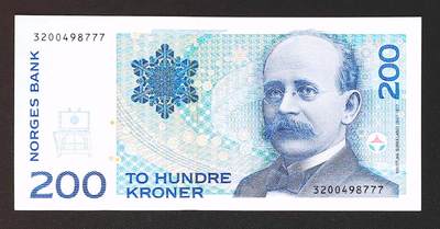 世界靓号纸钞第八十二期 - 1994年挪威200克朗 豹子号777 稀少初版 无全息版本 品相如图