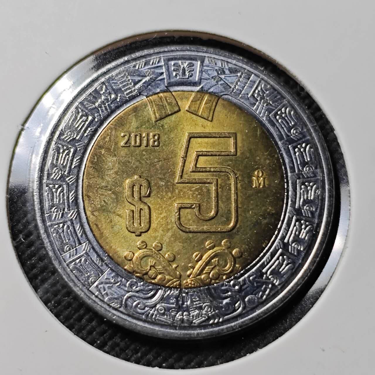 KK钱币收藏小铺   第403期 2月预留时间 周末发货 2018 墨西哥5比索双色币 好品