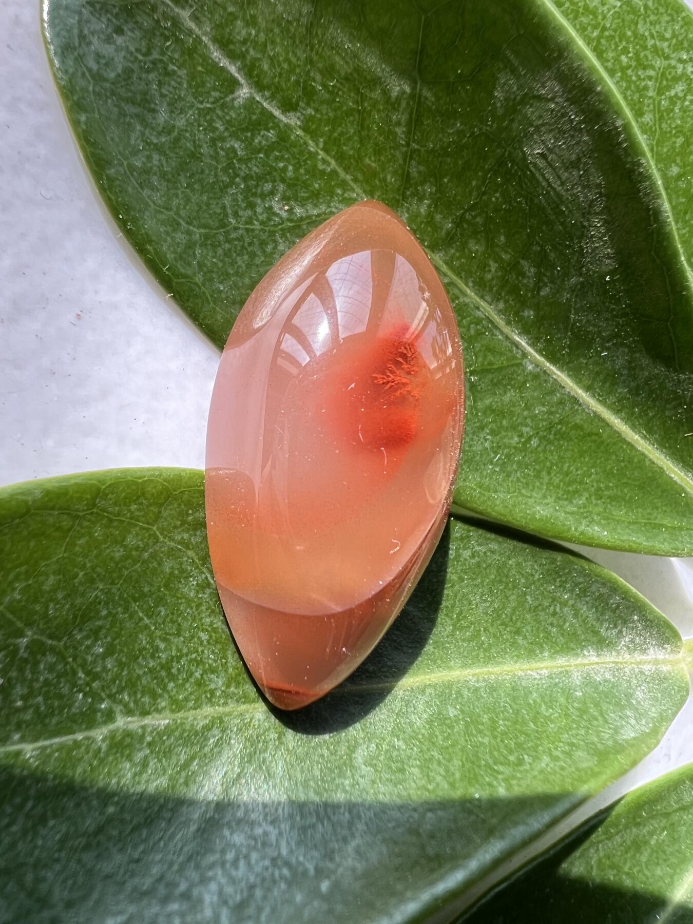 零元拍：南红玛瑙蛋面，有漂亮的草花。都是十多年前的存货了，长约 31MM，宽约 15MM，厚约 8MM约6克 ，因为拍照环境以及光线的变化，颜色以实物为准。