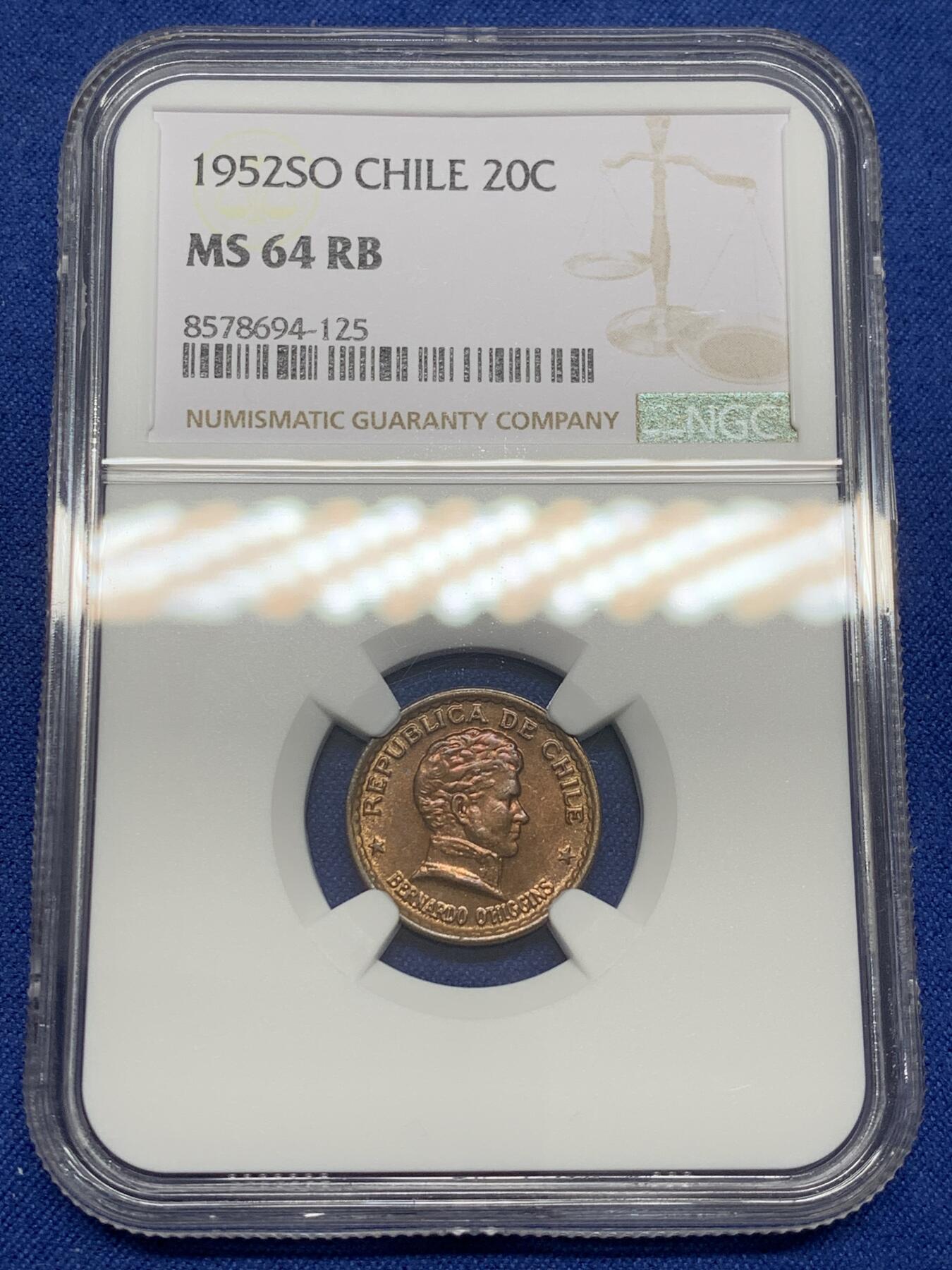 《竞宝斋》第468场 周日，周一 2场连拍 （全场包邮）欢迎送拍 NGC MS64RB 1952年智利20分铜币 拆卷品评级 冠军分！