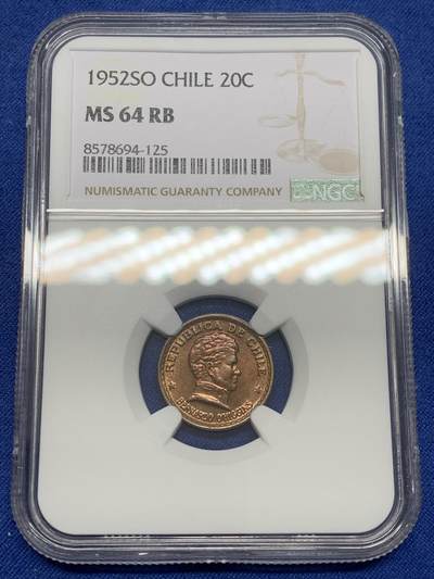 《竞宝斋》第468场 周日，周一 2场连拍 （全场包邮）欢迎送拍 - NGC MS64RB 1952年智利20分铜币 拆卷品评级 冠军分！