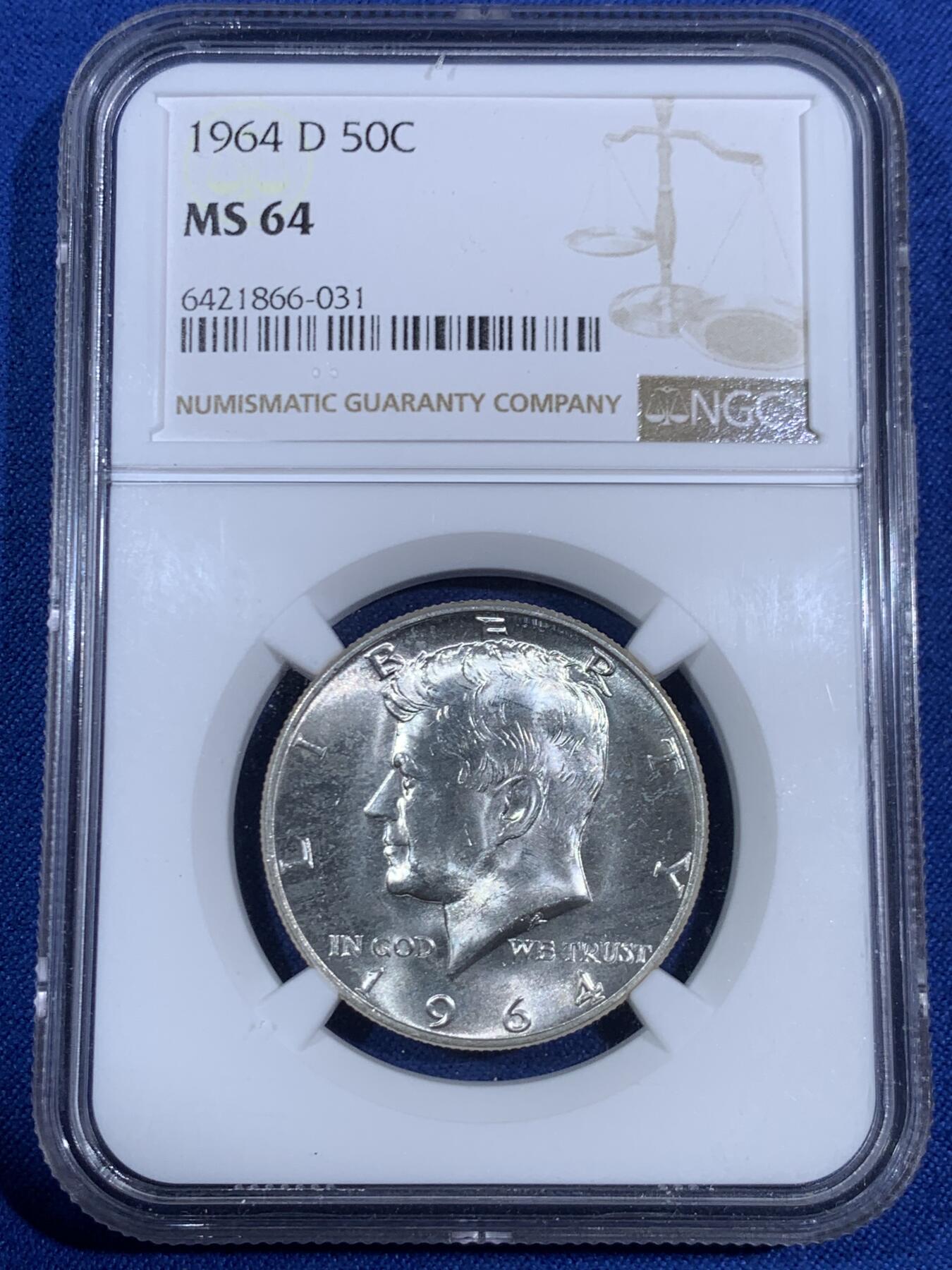 《竞宝斋》第468场 周日，周一 2场连拍 （全场包邮）欢迎送拍 NGC MS64 美国1964年肯尼迪50美分，转光强烈，状态极佳