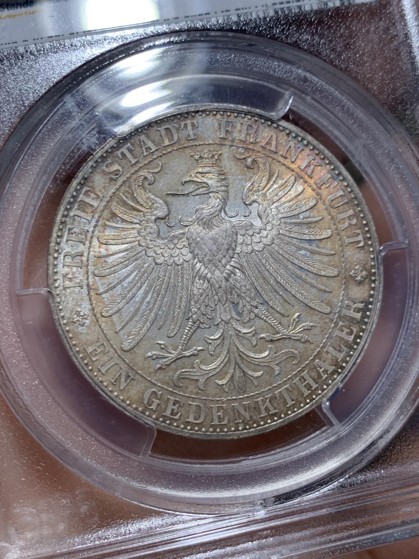 《竞宝斋》第468场 周日，周一 2场连拍 （全场包邮）欢迎送拍 PCGS MS66 德国 德意志 1泰勒 Frankfurt法兰克福 Thun.147 KM#0372 1863年 王子泰勒 欧洲五彩包浆 顶级品相
