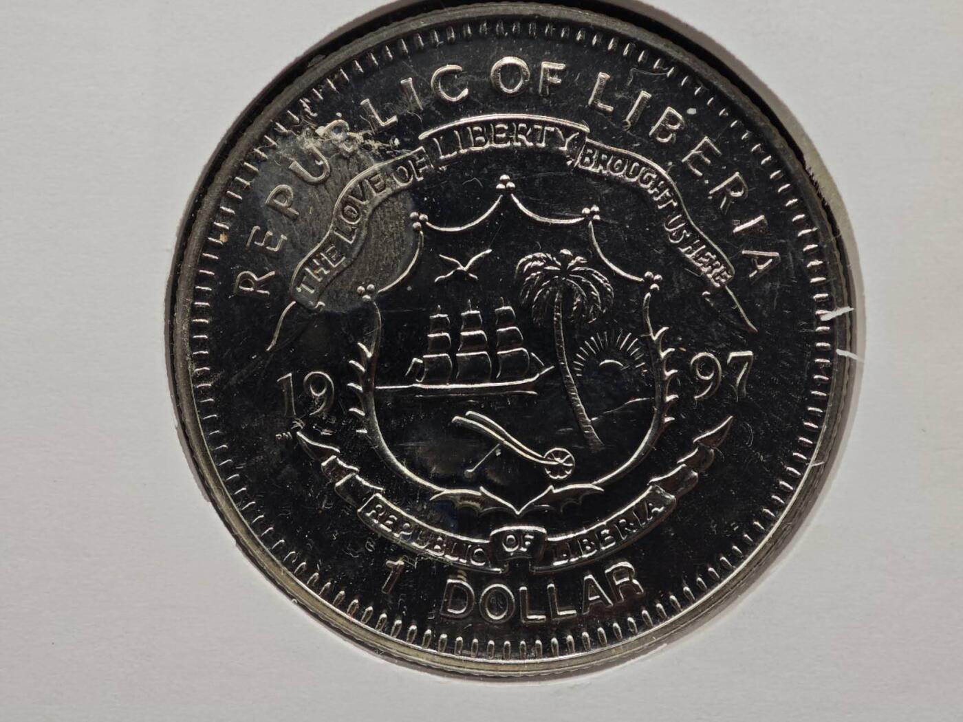  【淘币小摊】限时拍第八百七十八拍   克朗币邮币封场    每周一统一发货 利比里亚1997年独立150周年1元纪念币邮币封