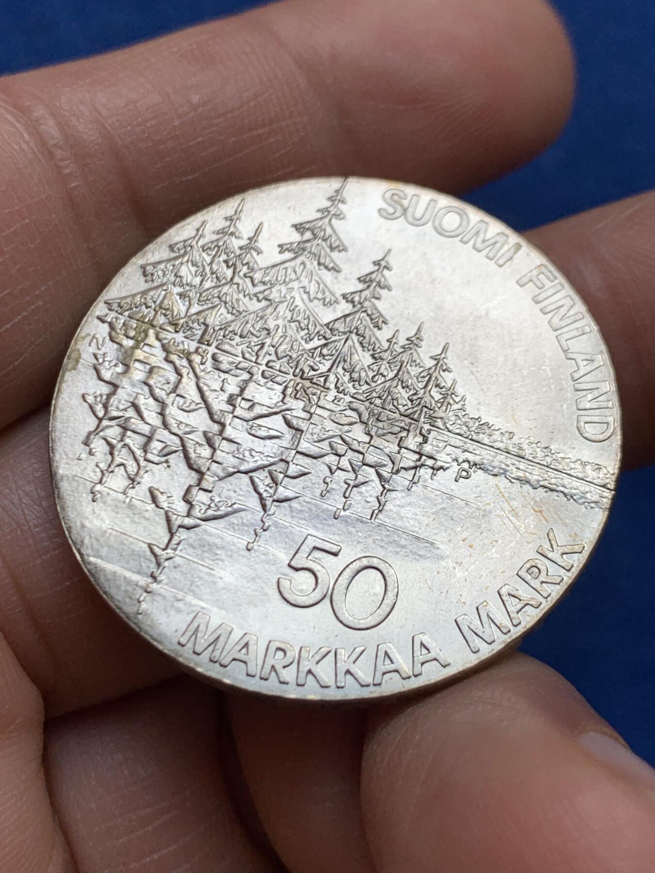 《竞宝斋》第468场 周日，周一 2场连拍 （全场包邮）欢迎送拍 芬兰1985年国家史诗-卡勒瓦拉50马克银币，500银，19.9克，克劳斯1987年4项大奖，主题为民族史诗卡勒瓦拉