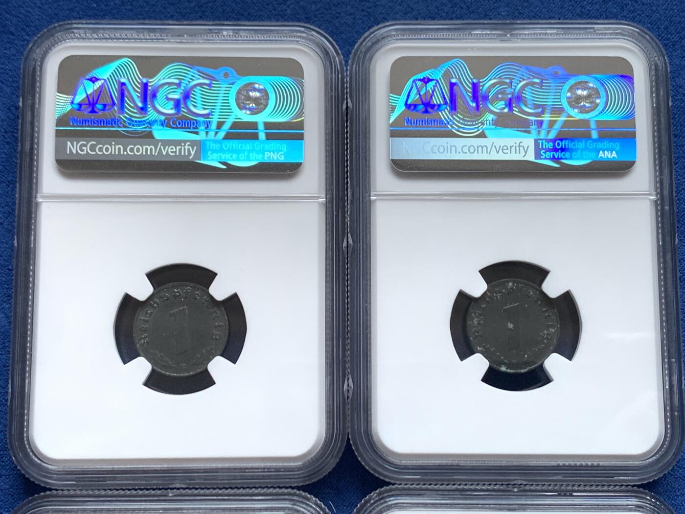 《竞宝斋》第468场 周日，周一 2场连拍 （全场包邮）欢迎送拍 四枚一组 NGC MS61 德国带风车锡币，其中三枚1芬尼，一枚5芬尼，锡币难以保存，这批状态还不错