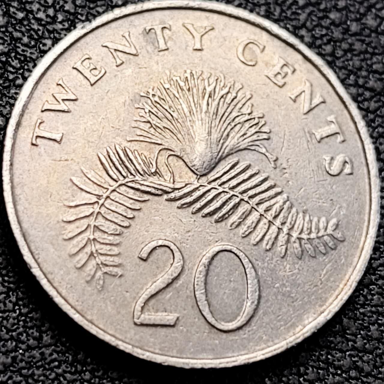 泉币菌-第205场-拍品多 请提前出价 1990 高币值 新加坡20分 绒球花 高盾徽版 直径21.36mm