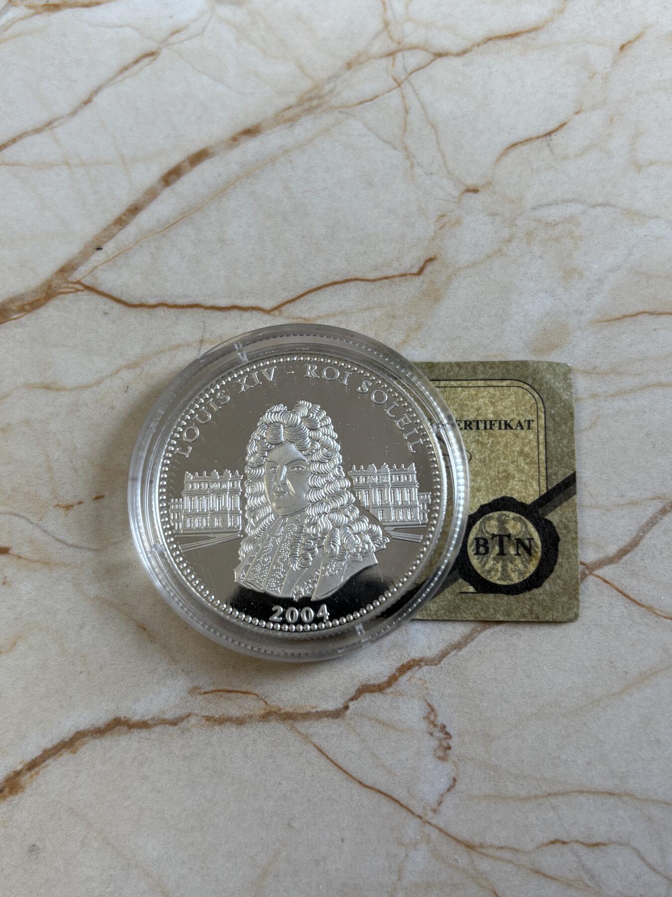 第193期拍卖 刚果2004年人物路易十四纪念银币带证书，999银，19.98克