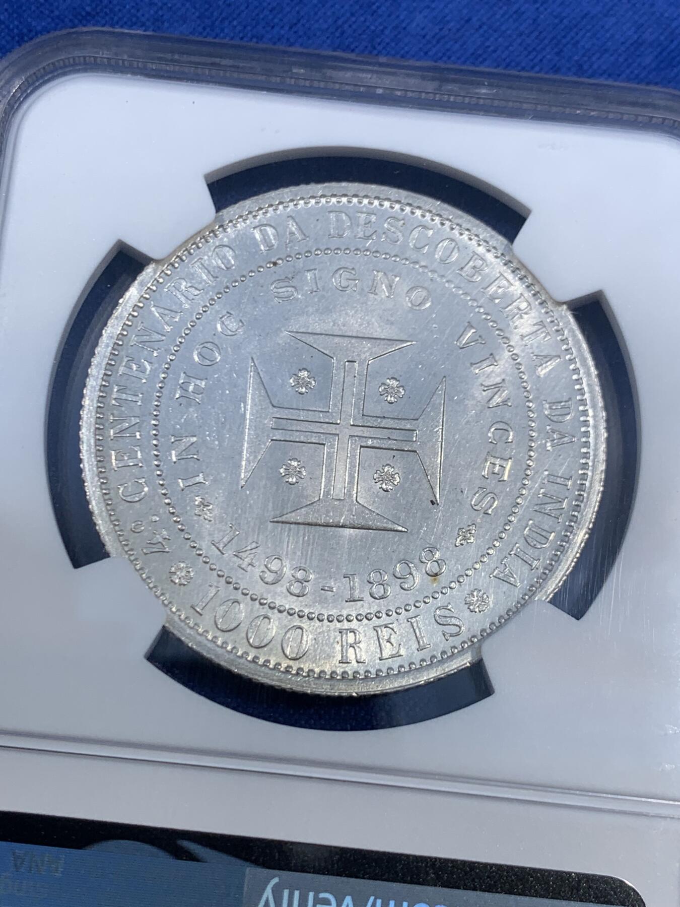 《竞宝斋》第468场 周日，周一 2场连拍 （全场包邮）欢迎送拍 NGC UNC 葡萄牙1898年发现印度纪念1000瑞斯大银币