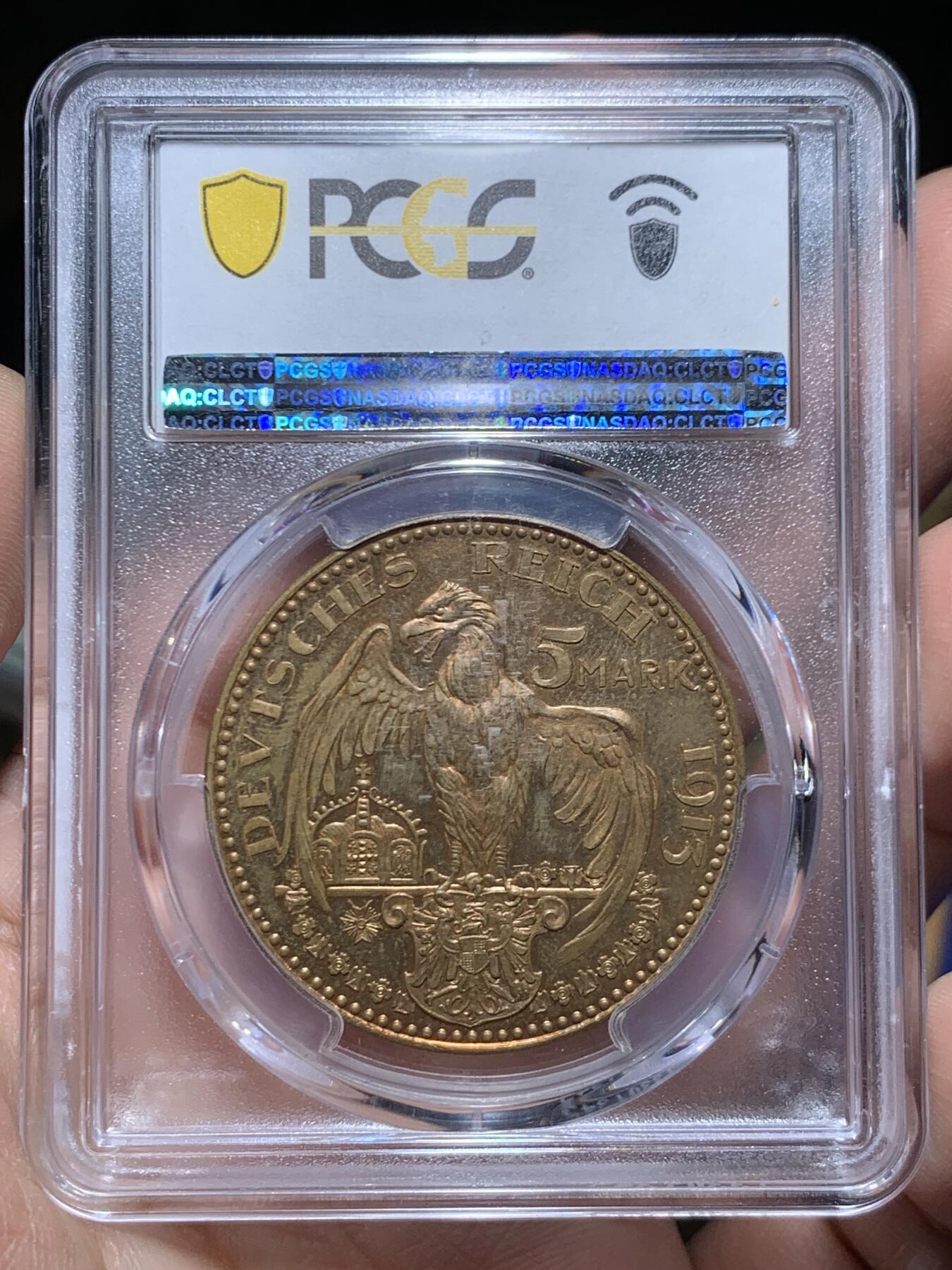 《竞宝斋》第468场 周日，周一 2场连拍 （全场包邮）欢迎送拍 PCGS SP64RB 德国1913年巴伐利亚5马克铜样币，卡尔哥茨出品，大师经典品种。底板镜面感十足，展翅鹰威武霸气，充分展现了德国的精湛工艺。稀少德系主币大铜样，仍富潜力的品种
