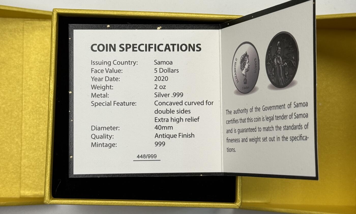 S&S Numismatic世界钱币-拍卖 第121期  萨摩亚2020年 观世音菩萨（梵文Avalokitesvara）5元双面凹高浮雕仿古银币 2盎司999银 发行量：999枚 盒证齐全