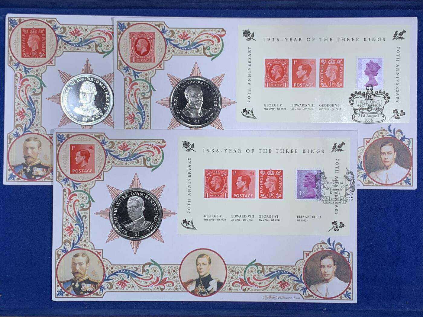 《竞宝斋》第468场 周日，周一 2场连拍 （全场包邮）欢迎送拍 三枚一组 英属维京群岛2006年纪念英国三王之年70周年1元纪念币，邮币封，乔治五世，爱德华八世，乔治六世