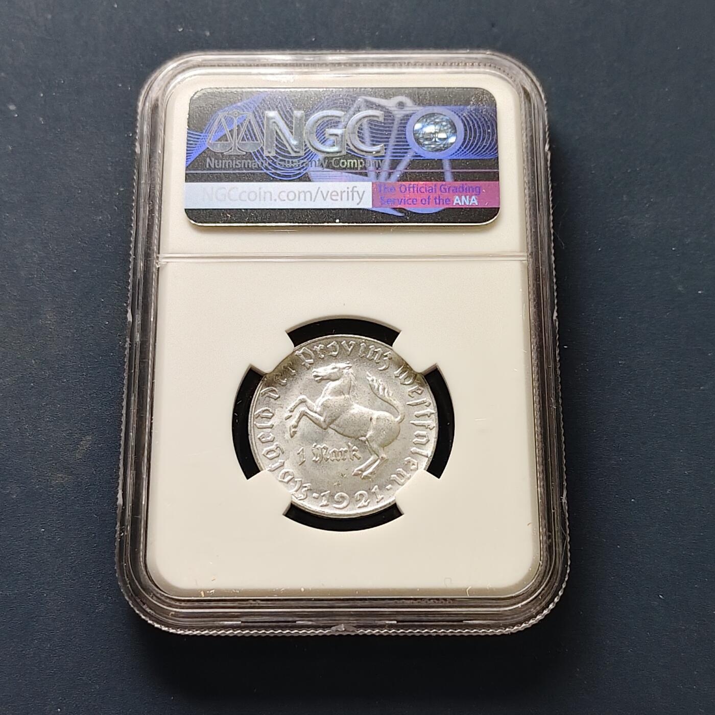 【全场包邮】纯粹捡漏拍511场 德国紧急状态威斯特法伦伦1921年1马克冯·施泰因男爵大马币-NGC MS64