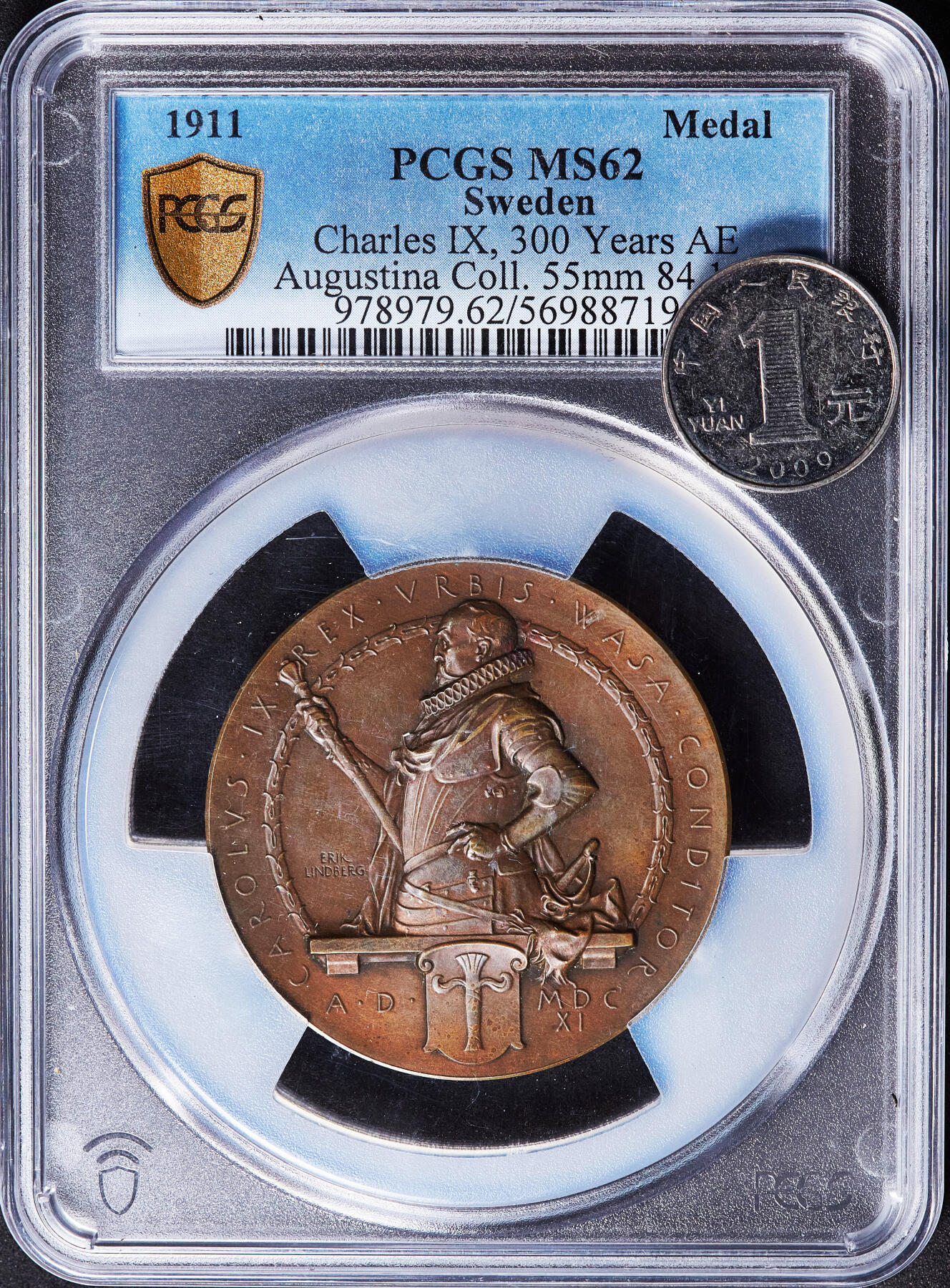 【俄甄集藏】2026年(049)03-18星期三 晚 19:30 全场包邮 瑞典1911年纪念国王卡尔九世逝世300周年大铜章，PCGS SP62，设计精美，唯一评级记录，直径：54mm