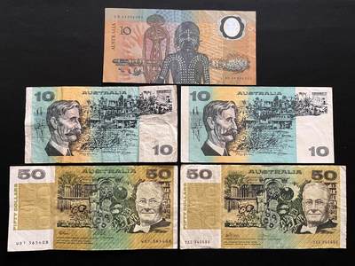 咖啡豆•收藏 2026年Mar_14th世界各国纸币拍卖 - 5枚 澳大利亚 10-50元 品如图 外国纸币