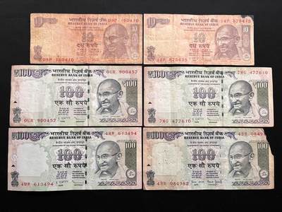 咖啡豆•收藏 2026年Mar_14th世界各国纸币拍卖 - 6枚 印度 10&100卢比 品如图 外国纸币