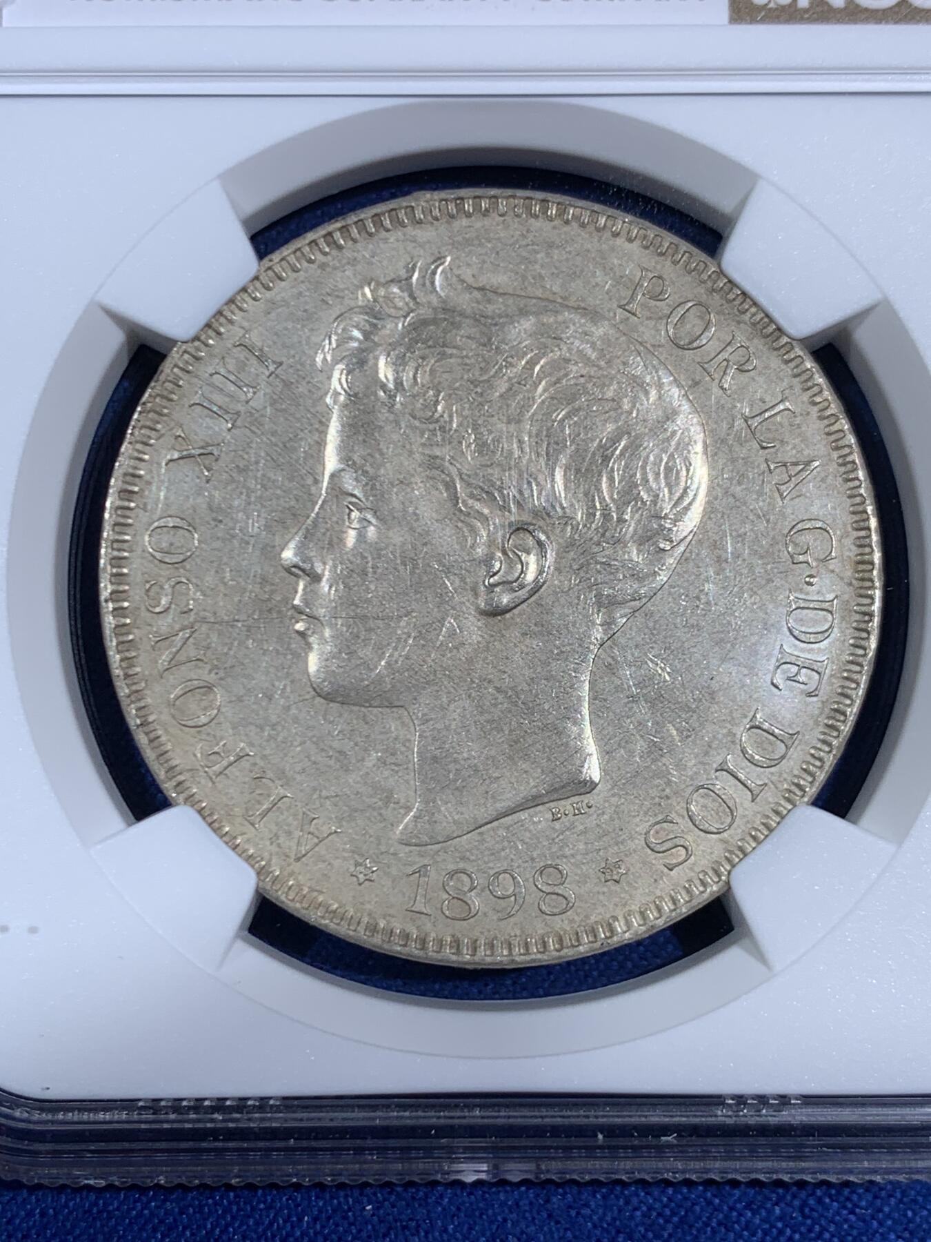 《竞宝斋》第468场 周日，周一 2场连拍 （全场包邮）欢迎送拍 NGC UNCD 西班牙 1898SGV 阿方索十三世小孩头 5比塞塔 银币