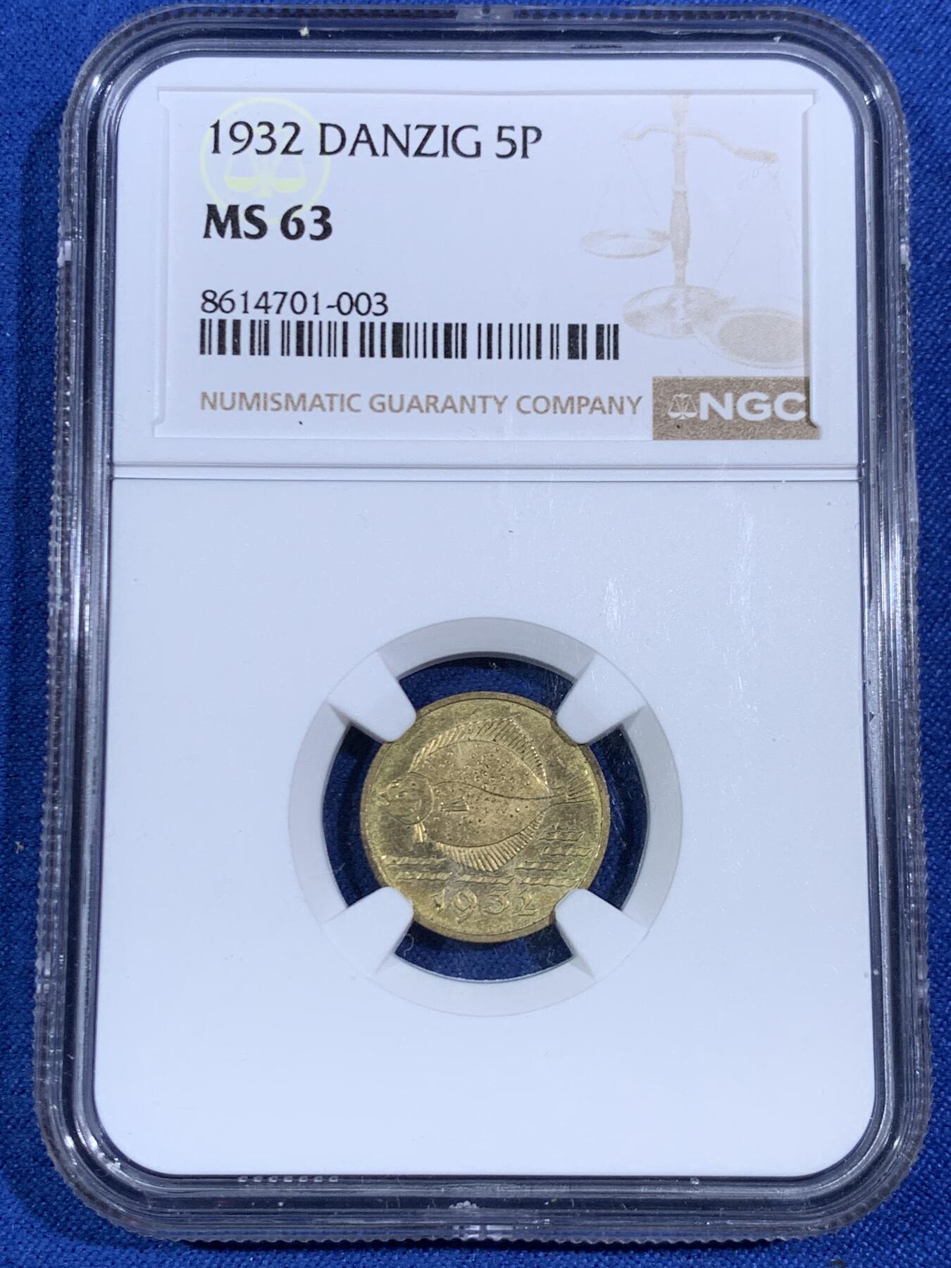 《竞宝斋》第468场 周日，周一 2场连拍 （全场包邮）欢迎送拍 NGC MS63 但泽自由市1932年比目鱼5芬尼