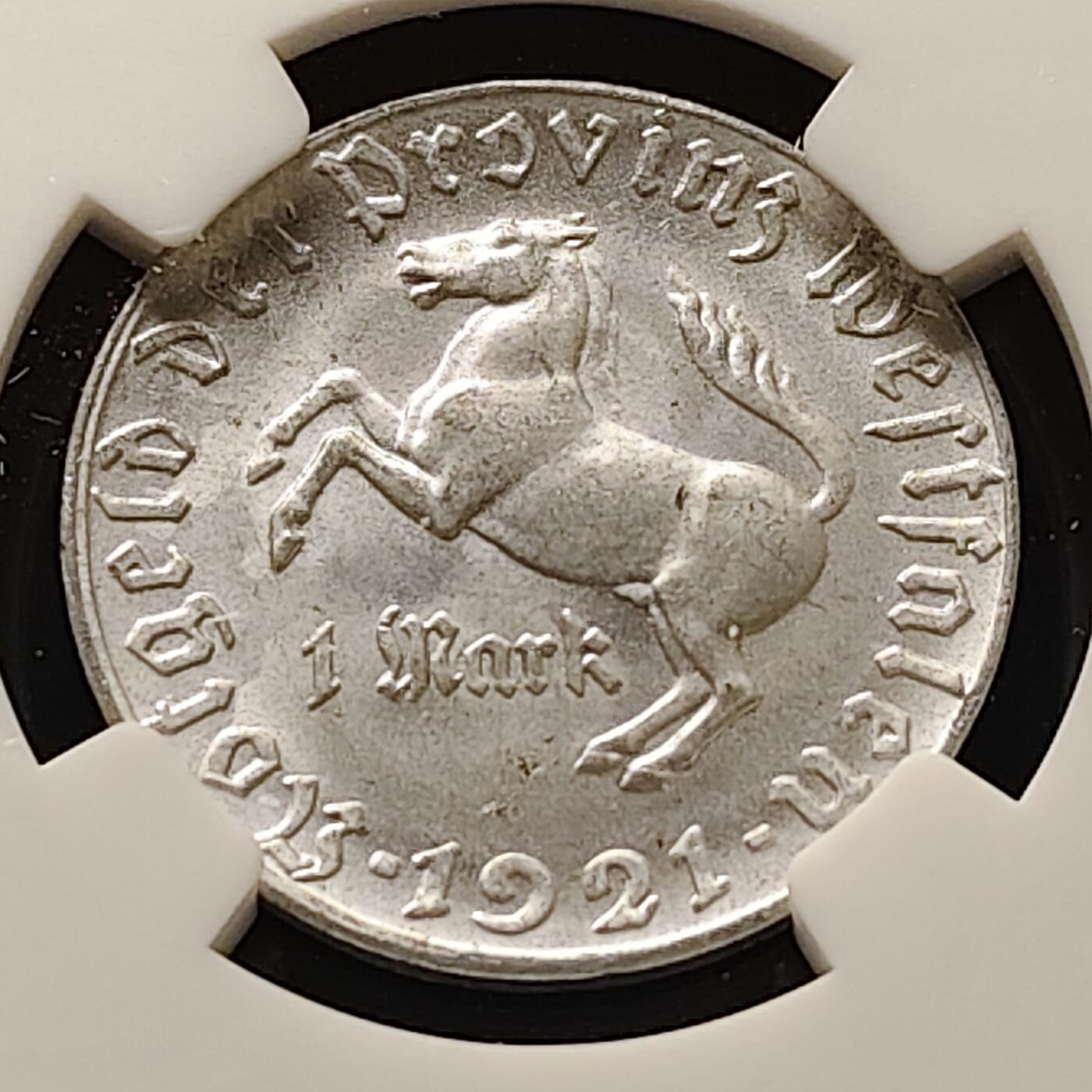 【全场包邮】纯粹捡漏拍511场 德国紧急状态威斯特法伦伦1921年1马克冯·施泰因男爵大马币-NGC MS64