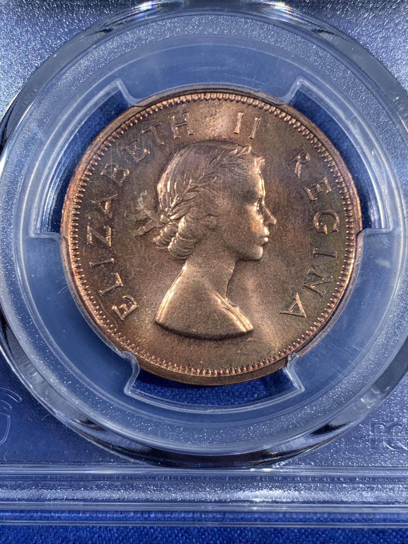 《竞宝斋》第468场 周日，周一 2场连拍 （全场包邮）欢迎送拍 PCGS PR66RD 南非1955年1便士，高分RD不易