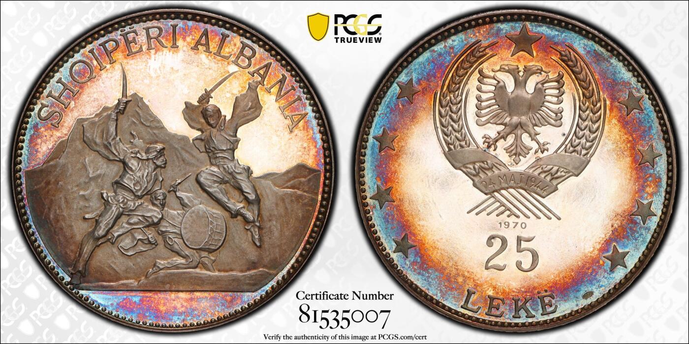 《竞宝斋》第468场 周日，周一 2场连拍 （全场包邮）欢迎送拍 三枚一组 PCGS PR66/67DCAM  阿尔巴尼亚1970年精制银币一套，帶五彩包浆，面值为25列克、10列克、5列克，999纯银，共133克，发行量分别为500枚。