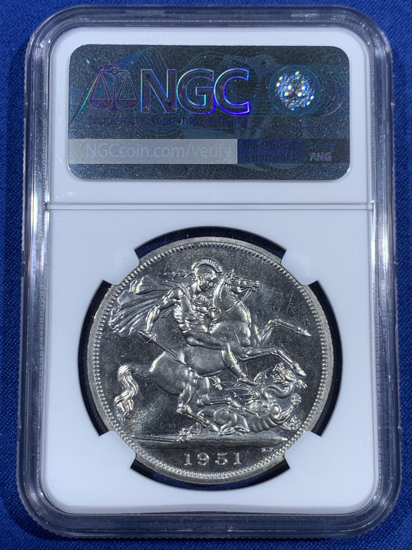 《竞宝斋》第468场 周日，周一 2场连拍 （全场包邮）欢迎送拍 NGC PL64 英国1951年乔六马剑，最后的马剑克朗镍币