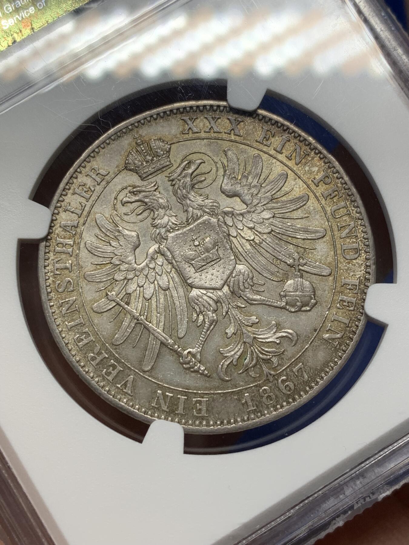 《竞宝斋》第468场 周日，周一 2场连拍 （全场包邮）欢迎送拍 NGC AU58 德国 1867年 施瓦茨堡-鲁多尔施塔特亲王国1泰勒银币 发行量仅13000枚 淡灰包浆 背面标准ms略低评