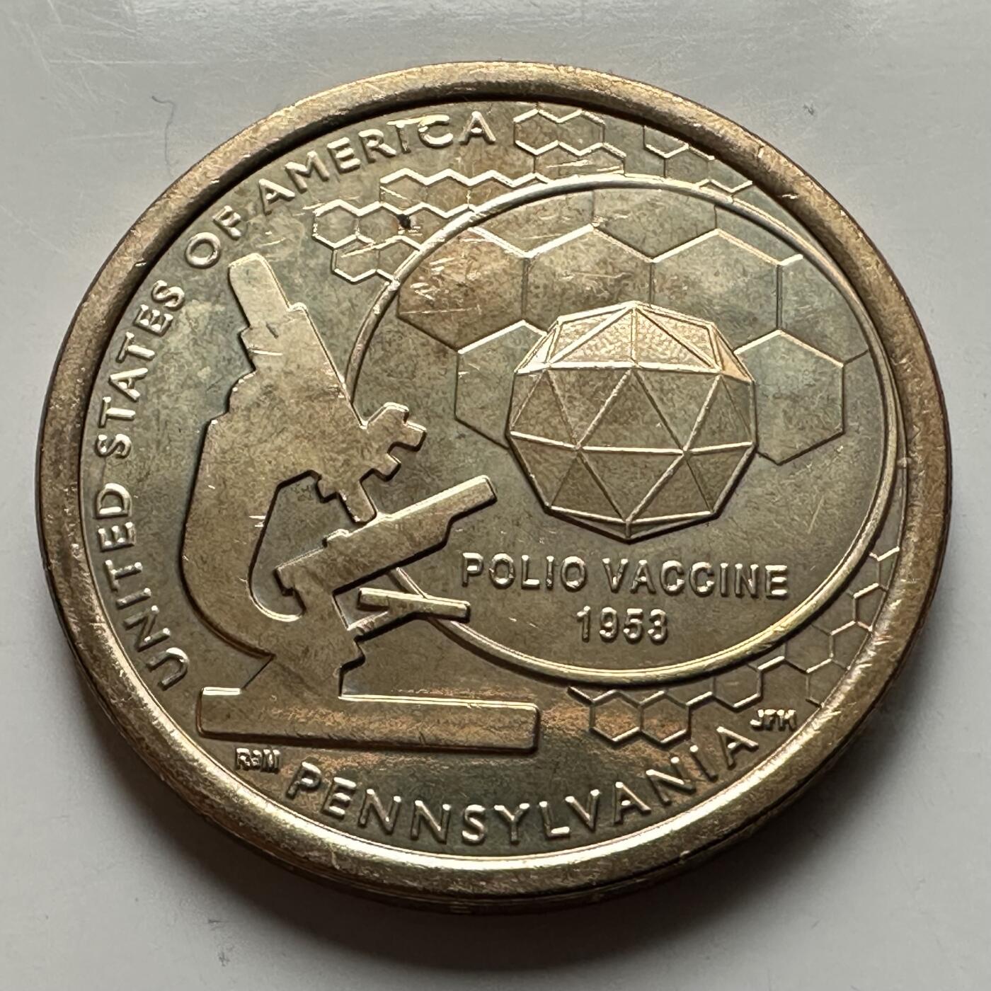 🌹外币初藏🌹🐯2026年第26场  各国纪念币专场 每周二四六晚8️⃣点 接代拍 美国 2019年 创新者系列宾夕法尼亚州主题 纪念索尔克脊髓灰质炎疫苗的医学突破成就 1元纪念币