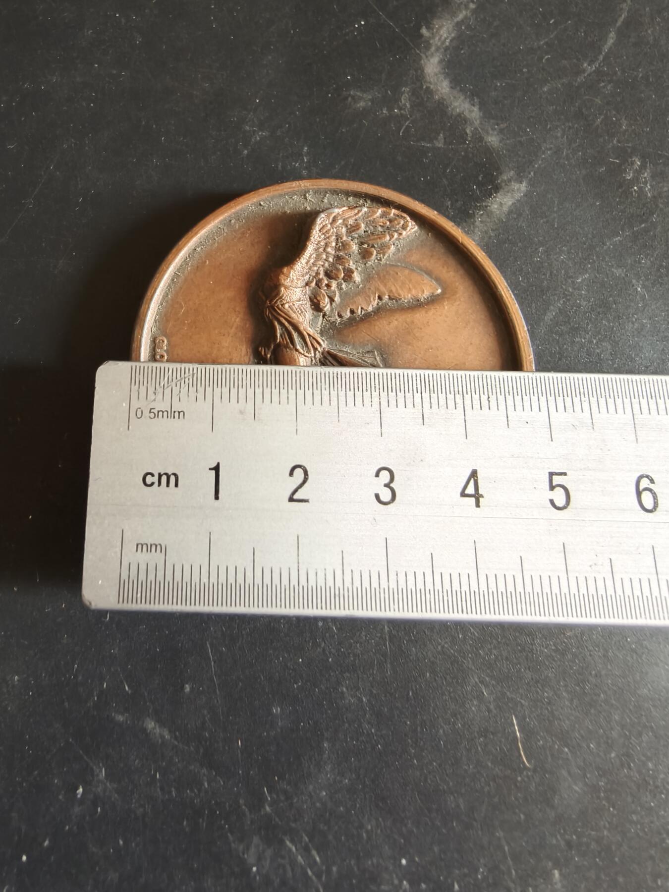 老王徽章第186期 法国诺曼底地区蓬杜伊镇纪念章    原盒     正面为“萨莫色雷斯尼克的胜利女神”     直径50mm    重量60.7g