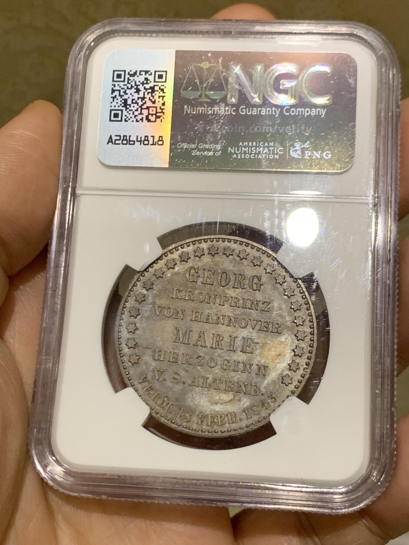 《竞宝斋》第468场 周日，周一 2场连拍 （全场包邮）欢迎送拍 亚军分 NGC MS64 德国 1843 汉诺威王家婚礼纪念泰勒 发行量仅1010枚 可遇不可求的品种 更高分仅一枚