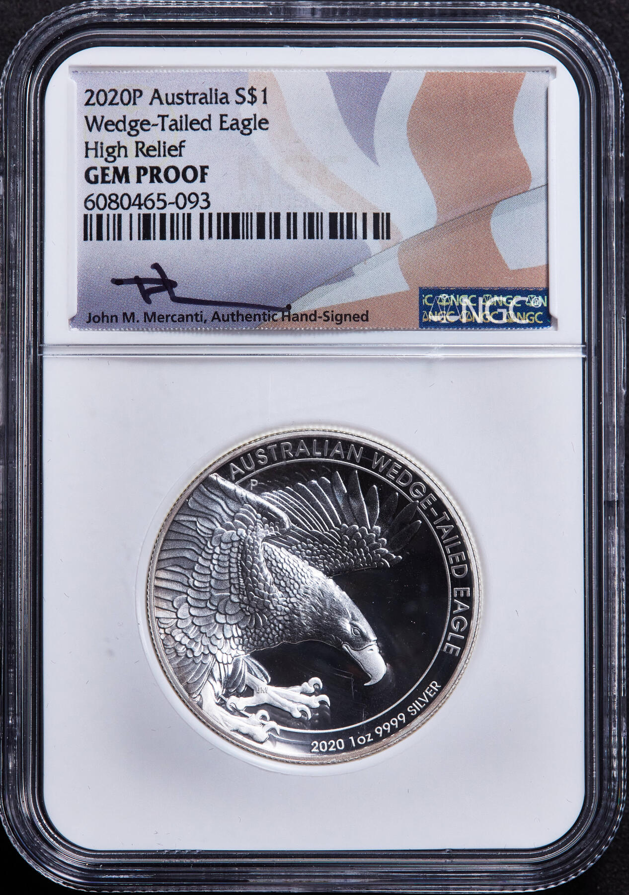 【俄甄集藏】2026年(049)03-18星期三 晚 19:30 全场包邮 澳大利亚2020年珀斯厂楔尾雕曲面1盎司精制1元银币，NGC Gem Proof，特殊标签，重1盎司，999银，发行量5000枚，盒体边缘有小裂，见详图