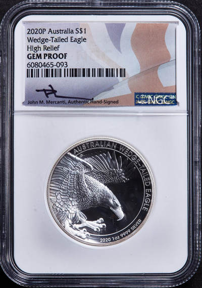 【俄甄集藏】2026年(049)03-18星期三 晚 19:30 全场包邮 - 澳大利亚2020年珀斯厂楔尾雕曲面1盎司精制1元银币，NGC Gem Proof，特殊标签，重1盎司，999银，发行量5000枚，盒体边缘有小裂，见详图