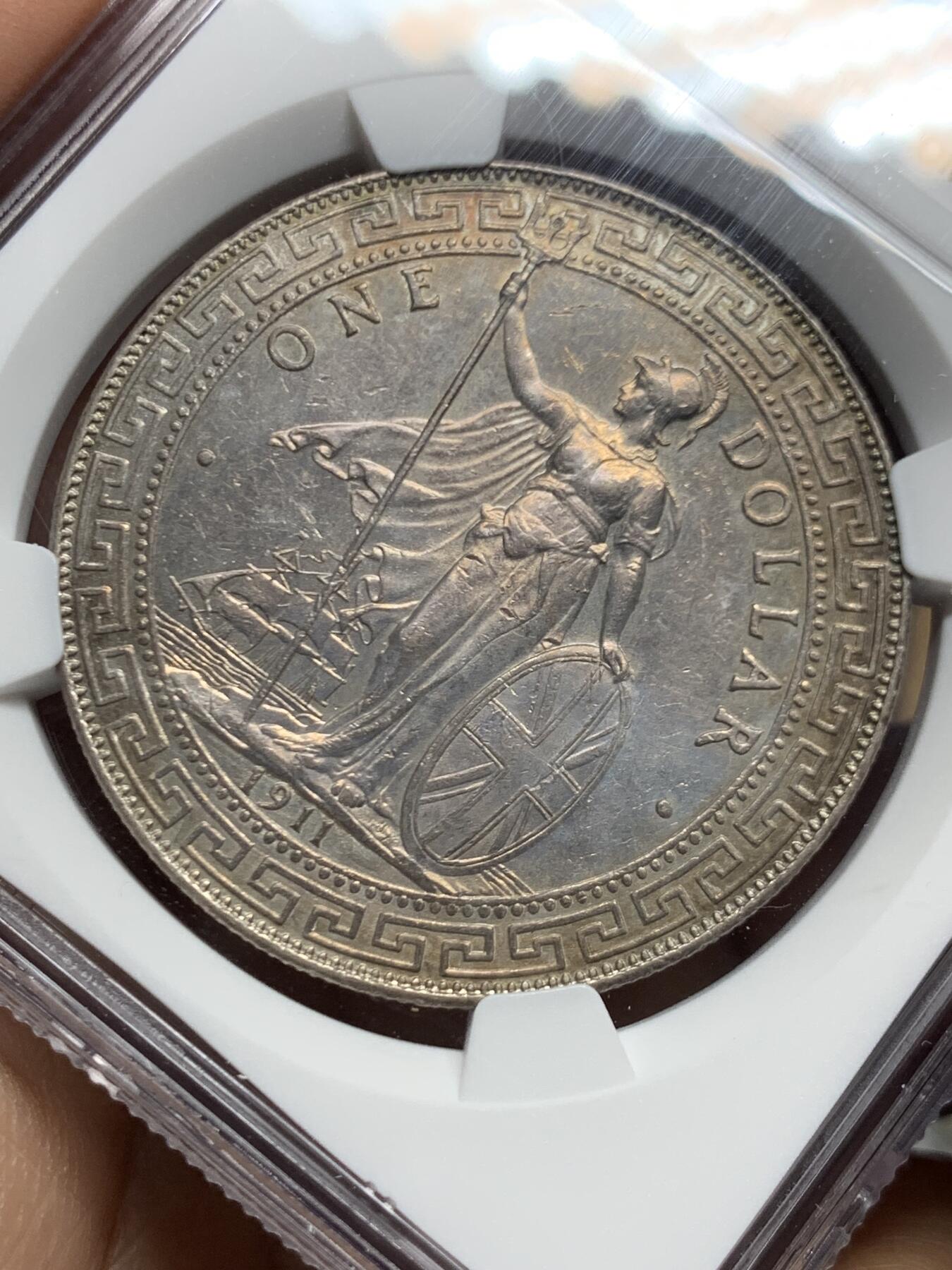 《竞宝斋》第468场 周日，周一 2场连拍 （全场包邮）欢迎送拍 NGC UNC 英国贸易银 1911年B版 站洋银币