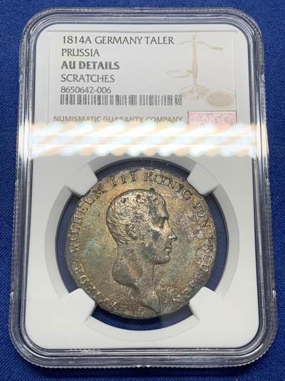 《竞宝斋》第468场 周日，周一 2场连拍 （全场包邮）欢迎送拍 - NGC AUD 德国普鲁士 1814年 泰勒 币面全深打 流通痕迹轻微 N给了划痕 不打光基本看不出来
