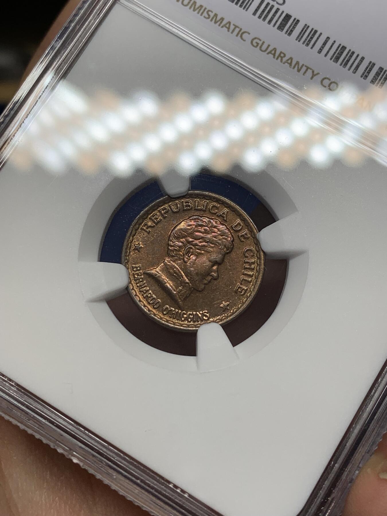 《竞宝斋》第468场 周日，周一 2场连拍 （全场包邮）欢迎送拍 NGC MS64RB 1952年智利20分铜币 拆卷品评级 冠军分！