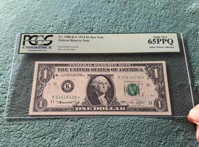 【礼羽收藏】🌏世界钱币拍卖127期 - 美国 1974年1美元 星补号 联邦储备券 PCGS65EPQ