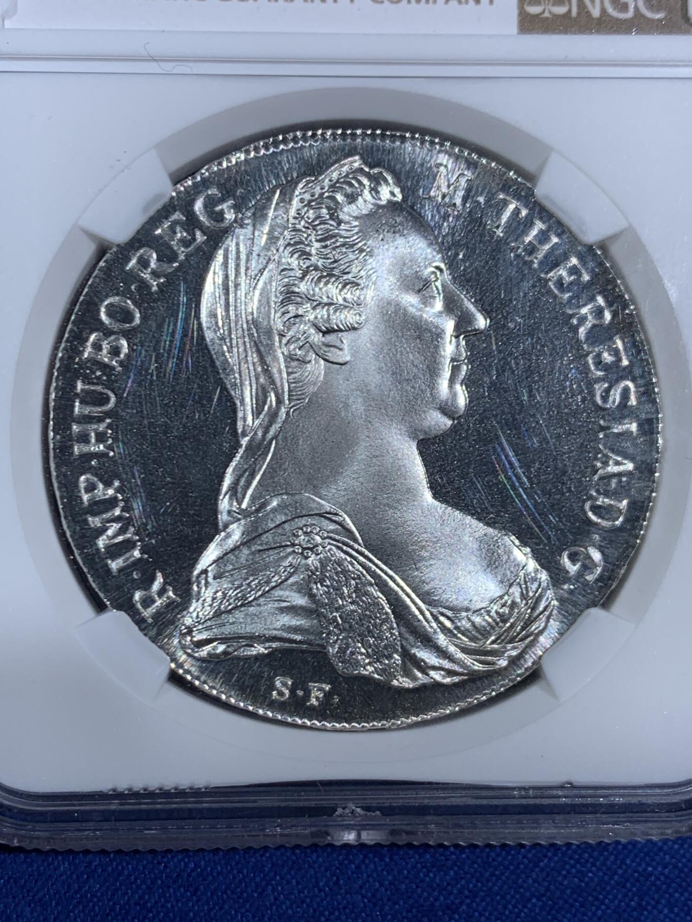 《竞宝斋》第468场 周日，周一 2场连拍 （全场包邮）欢迎送拍 NGC MS64 奥地利1780年特蕾莎大奶妈1泰勒银币，目录号HAFNER-51C，为上世纪早期维也纳厂铸造的少量错版，背面铭文错打成ARGHID，非常罕见！